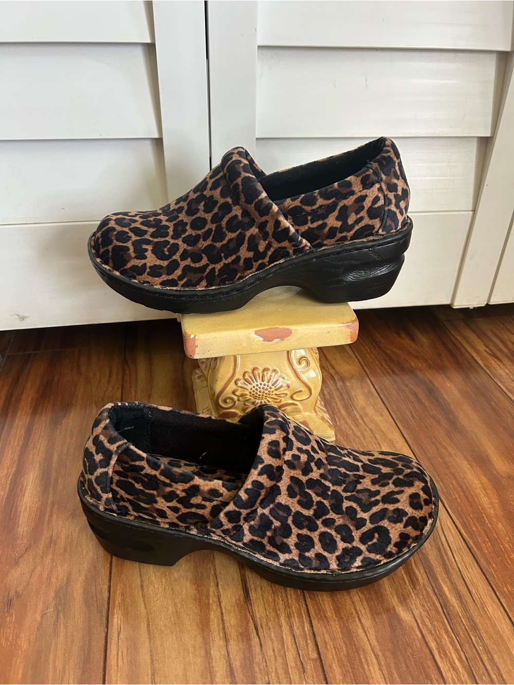 b.o.c. Leopard Print Slip-On Clogs in Tan and Black